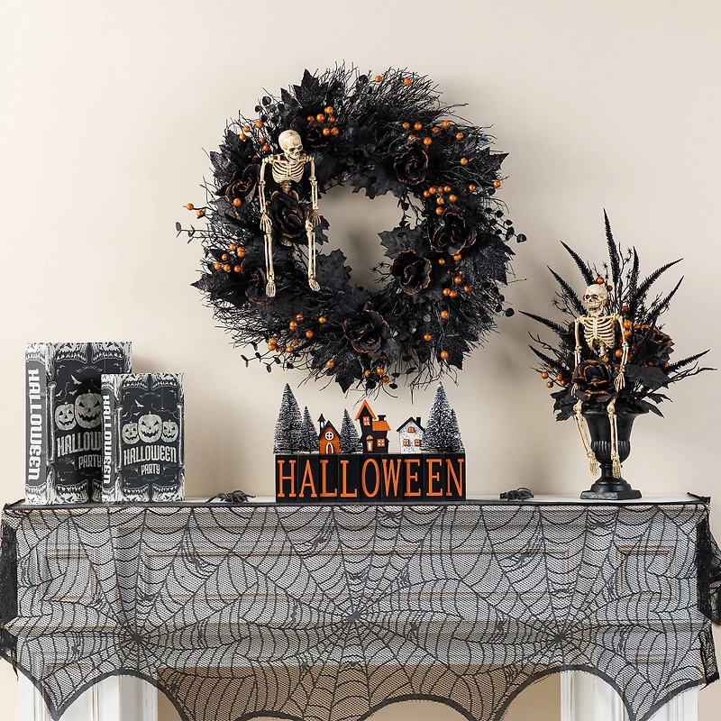 Glitzhome® 24"D Halloween Black Rose, Skeleton and Berry Wreath with Hanger