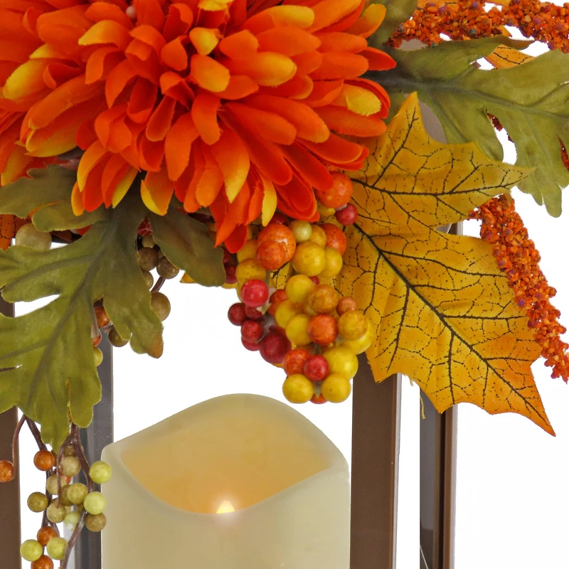 14" Battery-Operated LED Harvest Lantern with Mum Flower