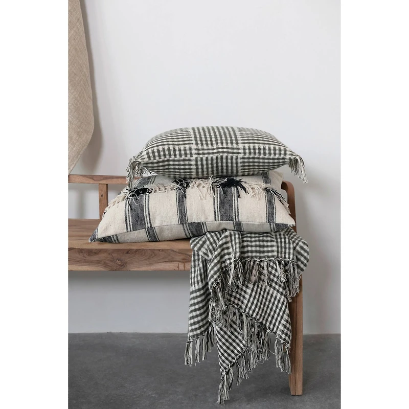 Hello Honey® Black & Cream Stripes Woven Cotton Lumbar Pillow with Fringe