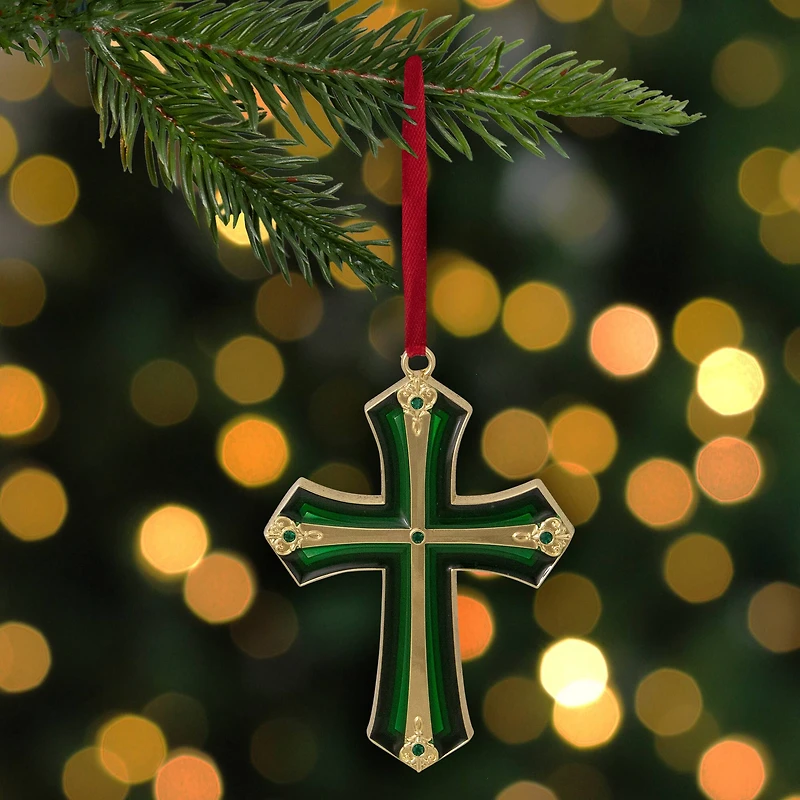 3.5" Green & Gold Layering Effect with Crystals Cross Ornament