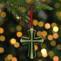 3.5" Green & Gold Layering Effect with Crystals Cross Ornament