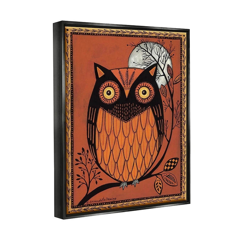 Stupell Industries Round Owl Autumn Botanical Border Framed Floater Canvas Wall Art