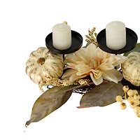 21" White Dahlia & Pumpkin Fall Triple Candle Holder