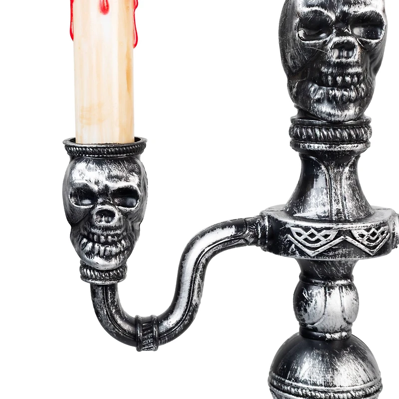 14" Antique Silver Skull Trio Halloween Candelabra Décor