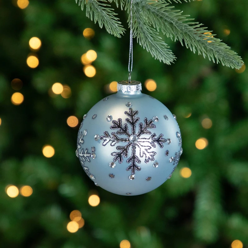 2ct. 4" Light Blue Jeweled Reflective Snowflakes Glass Ball Ornaments