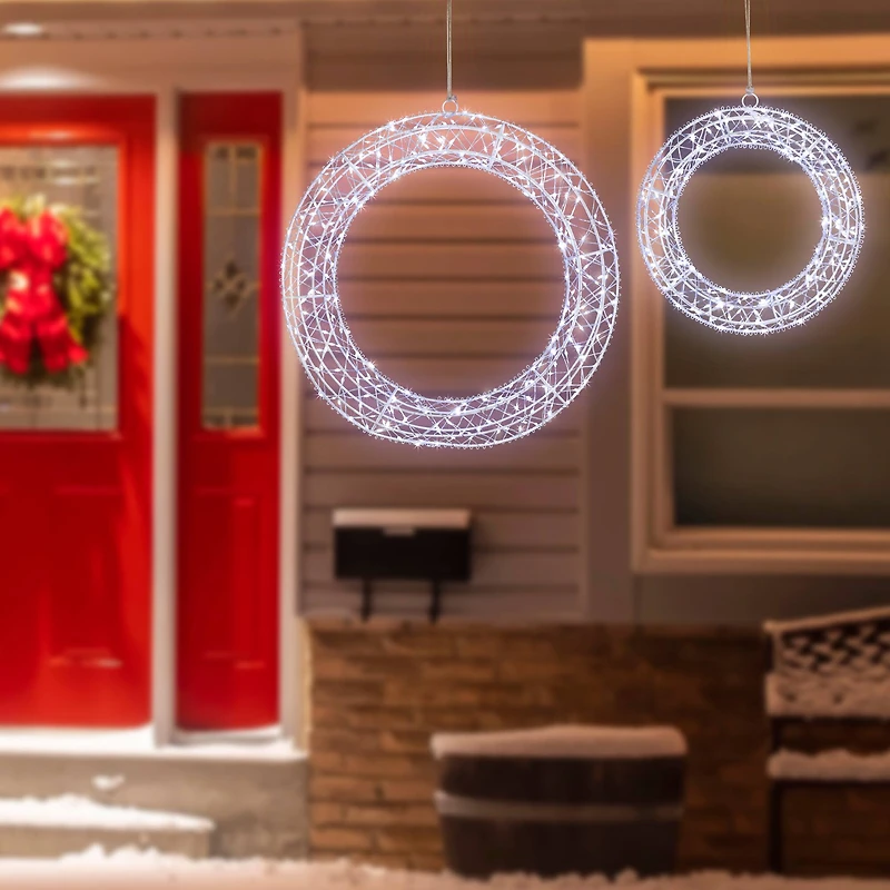 LED Lighted Hanging Christmas Wreath Decorations - 18" - Set of 2 - Cool White Lights