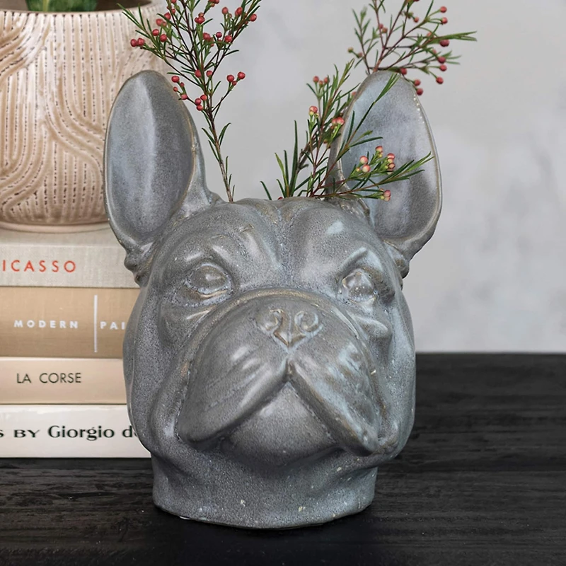 Hello Honey® 8.5" Gray Reactive Glaze Stoneware French Bulldog Head Vase