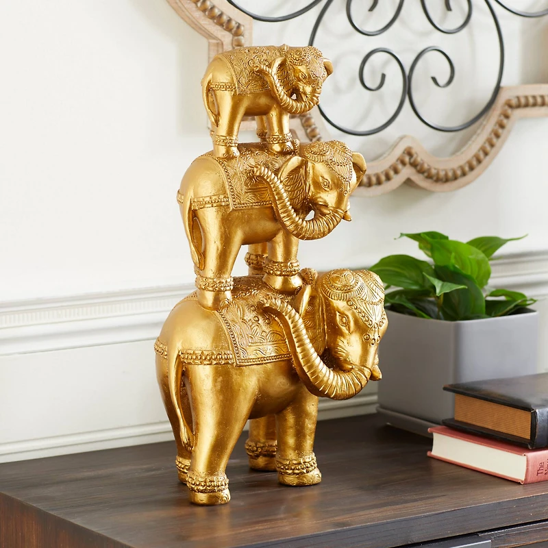 17" Gold Glam Stacked Elephant Sculpture