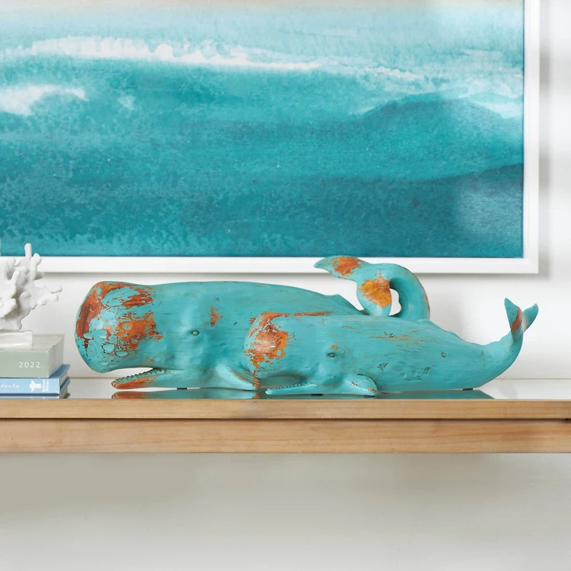 Teal Polystone Distressed Whale Sculpture Set