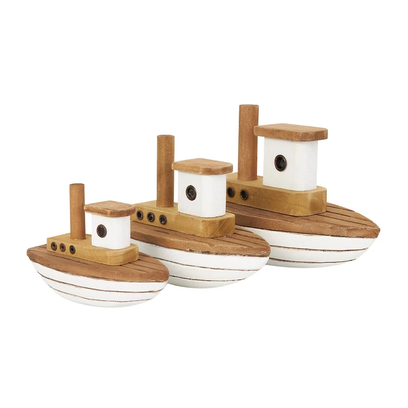 Brown & White Handmade Wood Boat Sculpture Set