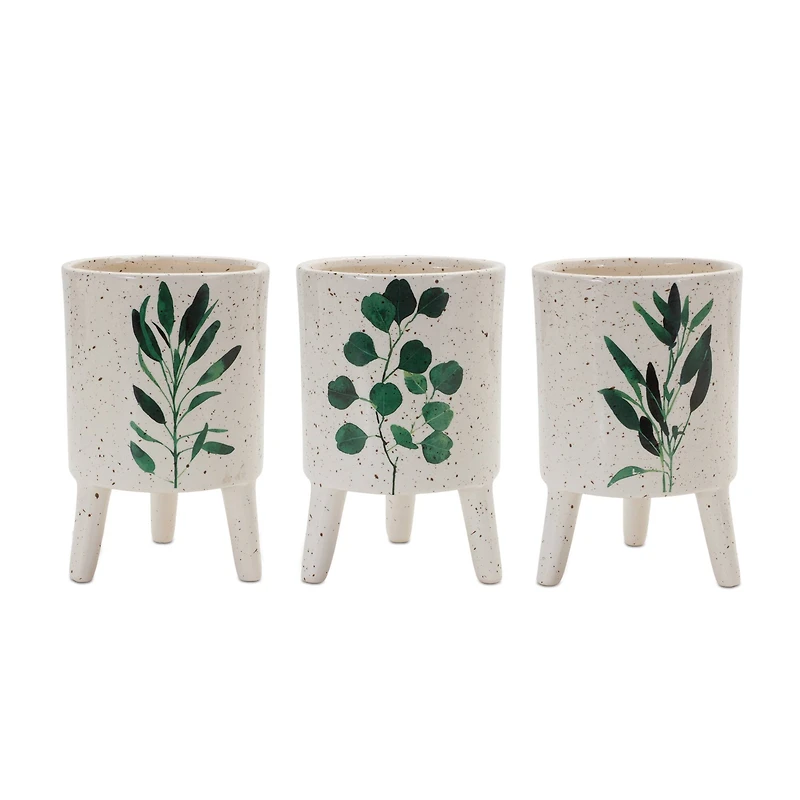 6" Footed Green Foliage Print Dolomite Planter Set