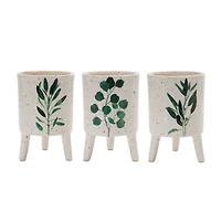 6" Footed Green Foliage Print Dolomite Planter Set