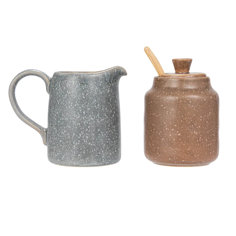 Hello Honey® Gray & Brown Stoneware Creamer & Sugar Pot Set with Bamboo Spoon