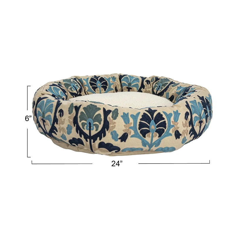 Hello Honey® 24" Natural, Blue & Gray Round Floral Cotton & Sherpa Pet Bed