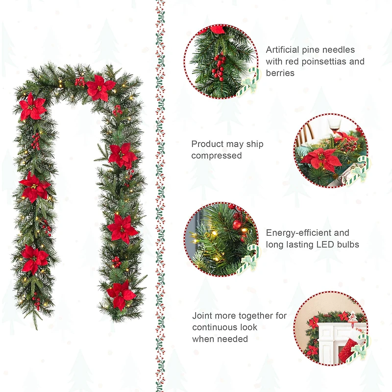 Glitzhome® 9ft. Pre-Lit Greenery Pine Poinsettia and Berries Christmas Garland with LED Lights and Timer