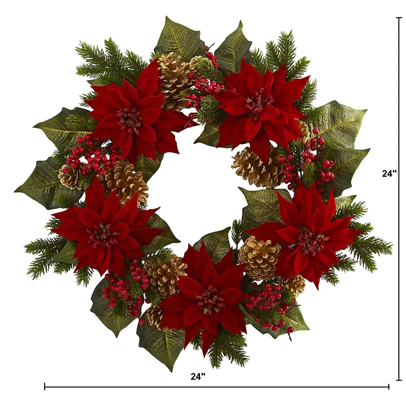 24" Poinsettia, Berry and Golden Pinecone Artificial Wreath