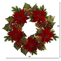 24" Poinsettia, Berry and Golden Pinecone Artificial Wreath