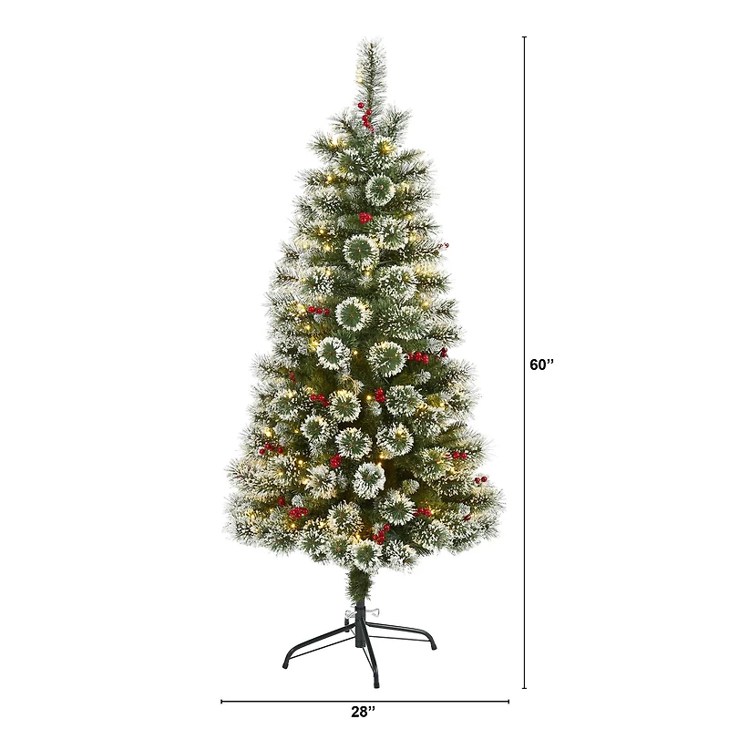 5ft. Pre-Lit Frosted Swiss Pine Artificial Christmas Tree with Berries, Clear LED Lights