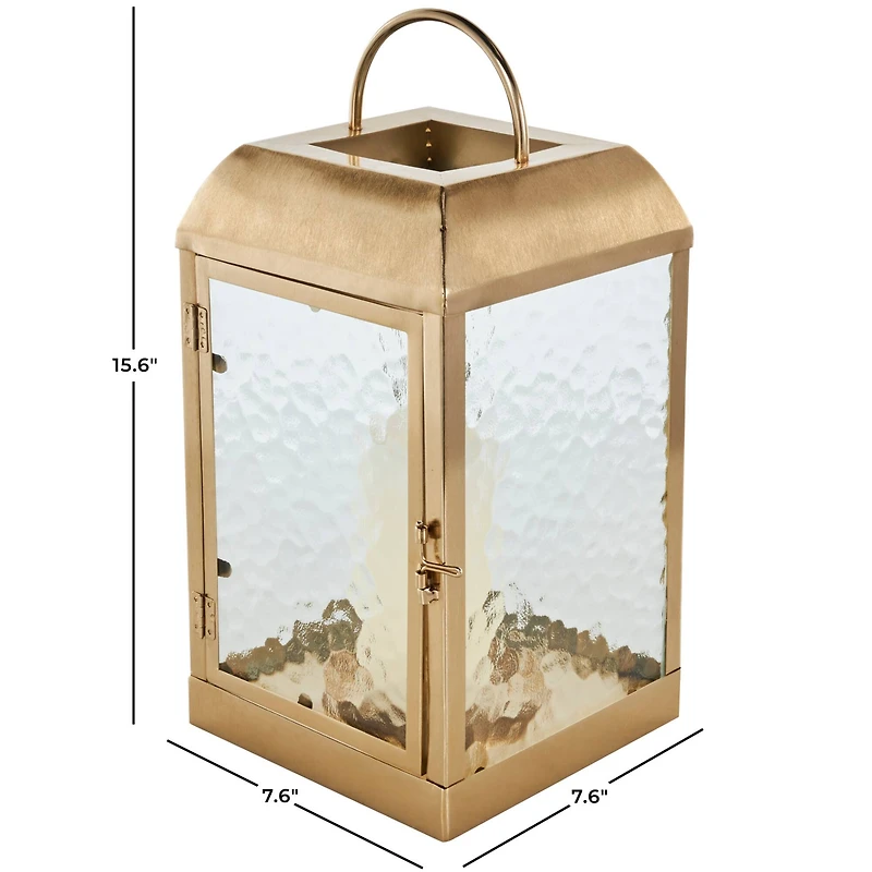 16" Gold Metal Candle Lantern with Pebbled Glass
