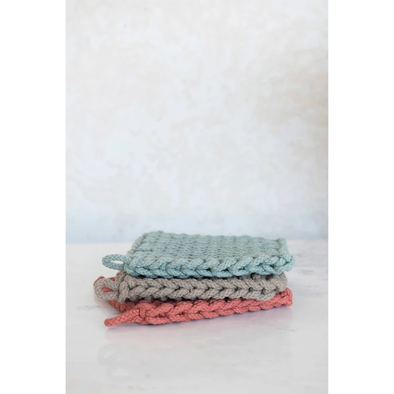 Hello Honey® 8" Blue, Red & Brown Square Crocheted Cotton Pot Holder Set