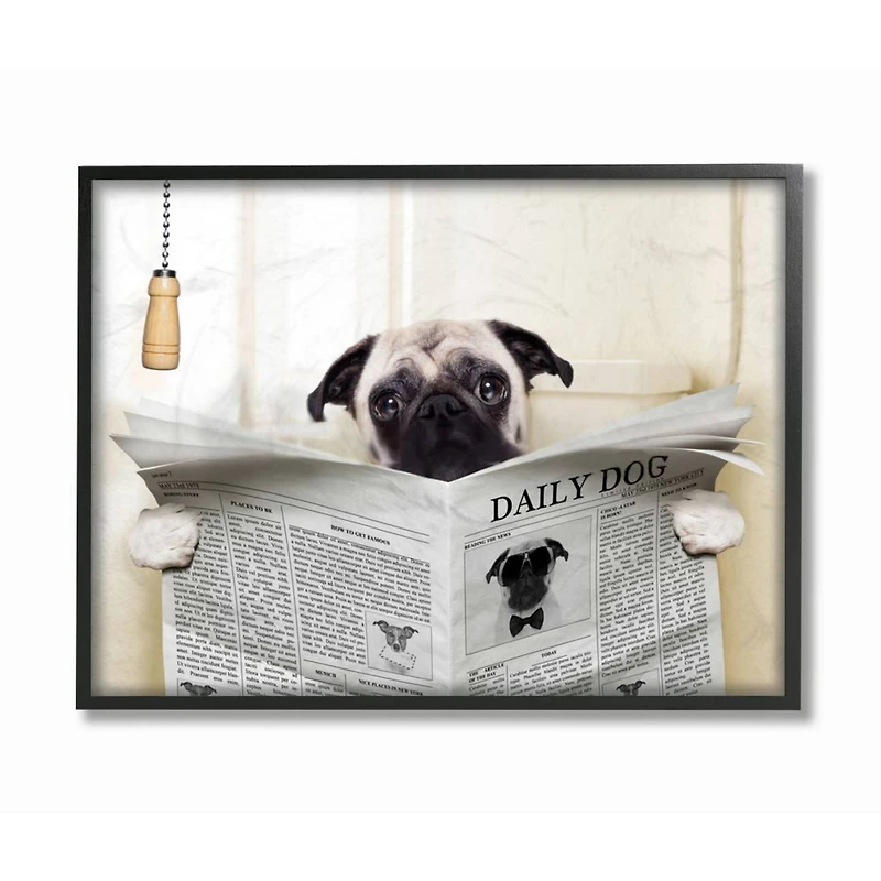 Stupell Industries Pug Reading Newspaper in Bathroom Wall Art in Black Frame