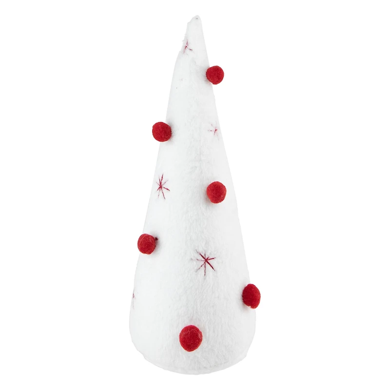 12" White Plush Christmas Cone Tree with Red Pompom Ornaments