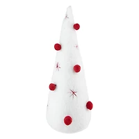 12" White Plush Christmas Cone Tree with Red Pompom Ornaments