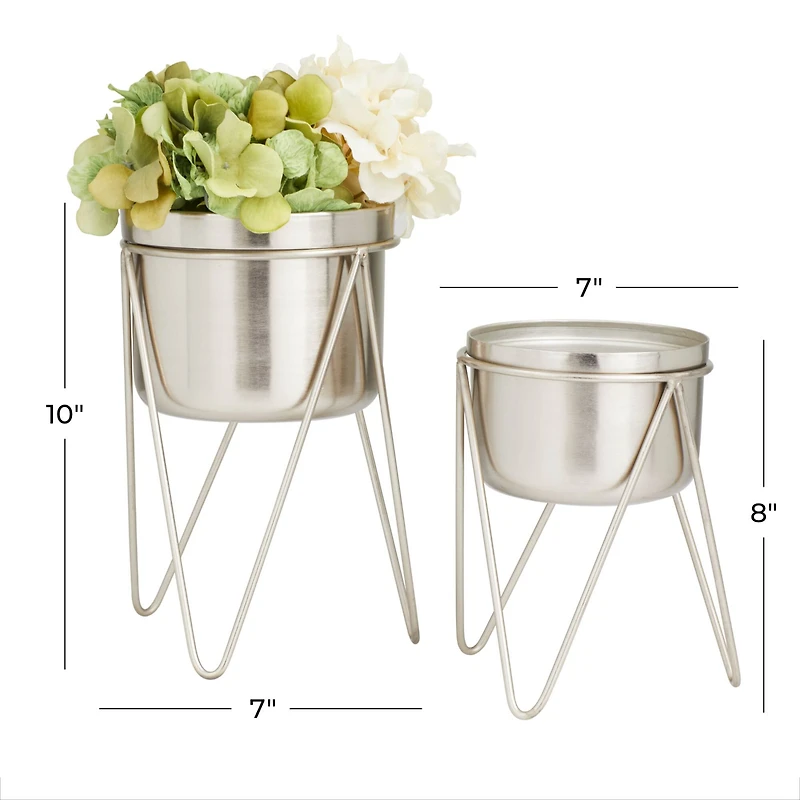 Set of 2 Silver Iron Modern Planter, 10" x 8"