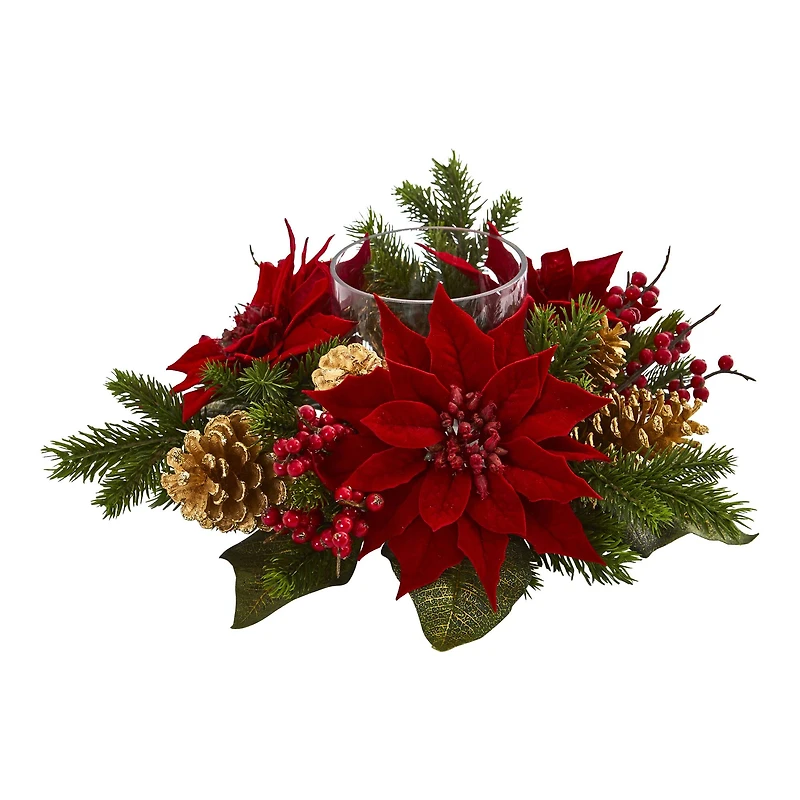 14" Poinsettia, Berry & Golden Pinecone Candelabrum Artificial Arrangement