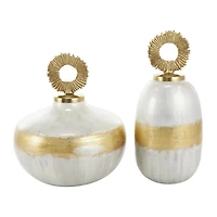 White Metal Abstract Brushed Decorative Jar Set with Gold Detailing & Ring Handles