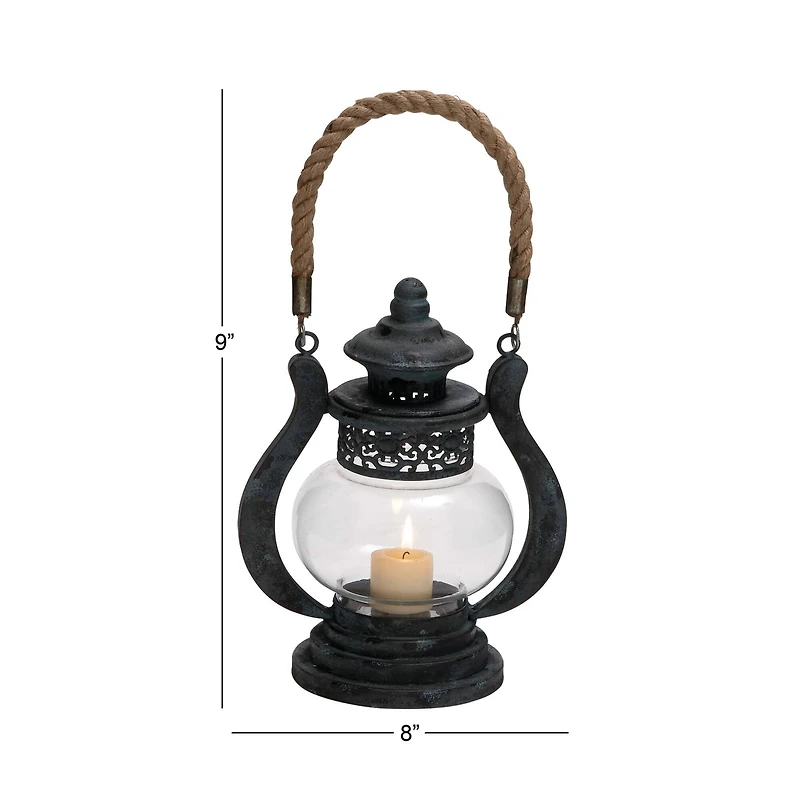 Black Iron Rustic Candle Holder Lantern, 9" x 8" x 5"