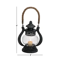 Black Iron Rustic Candle Holder Lantern, 9" x 8" x 5"