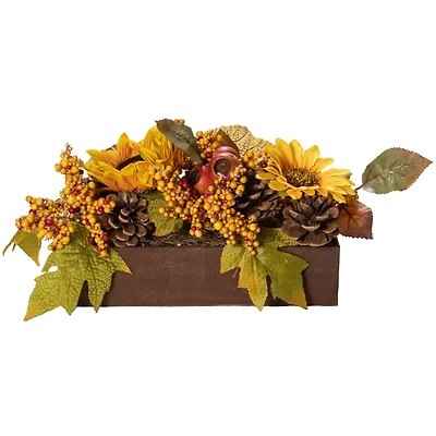 10" Yellow & Brown Sunflowers & Leaves Fall Harvest Floral Arrangement