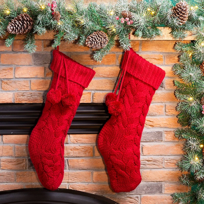 Glitzhome® 24" Red Knitted Polyester Christmas Stocking with Pom Pom