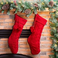 Glitzhome® 24" Red Knitted Polyester Christmas Stocking with Pom Pom