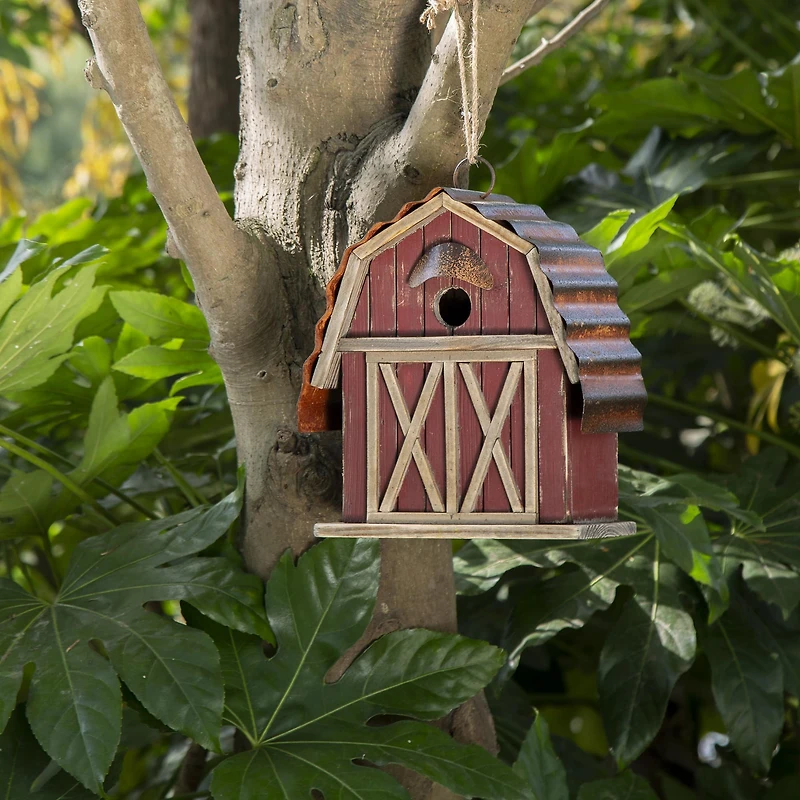 Glitzhome® 10" Hanging Wooden Red Barn Garden Birdhouse