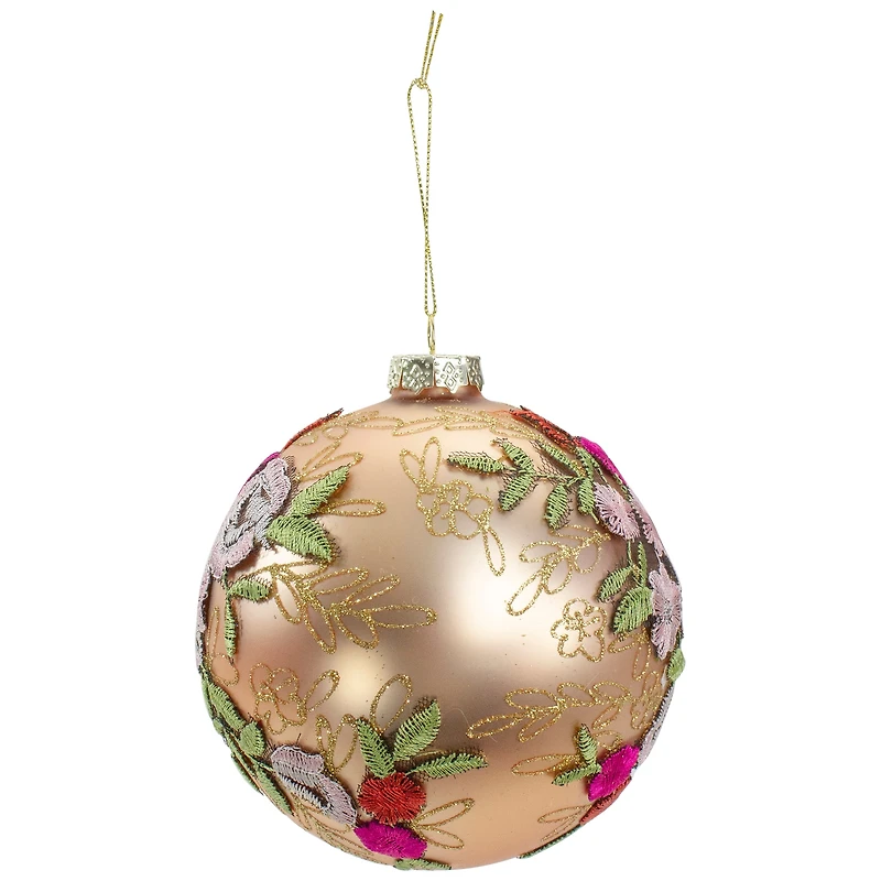 4.5" Pink Floral Applique Glass Ball Ornament