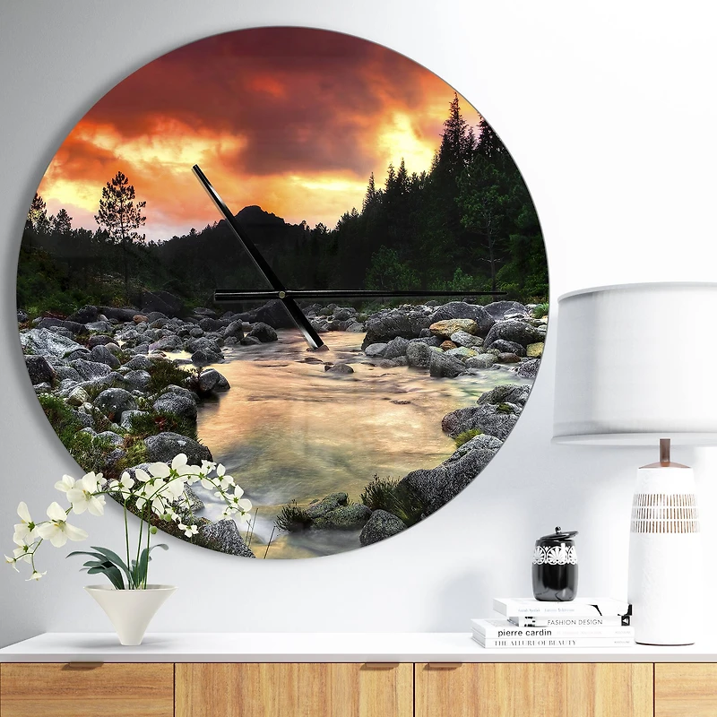 Designart 'Rocky Mountain River At Sunset Modern Wall Clock