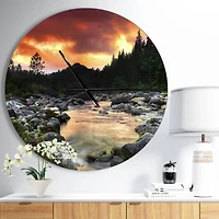 Designart 'Rocky Mountain River At Sunset Modern Wall Clock