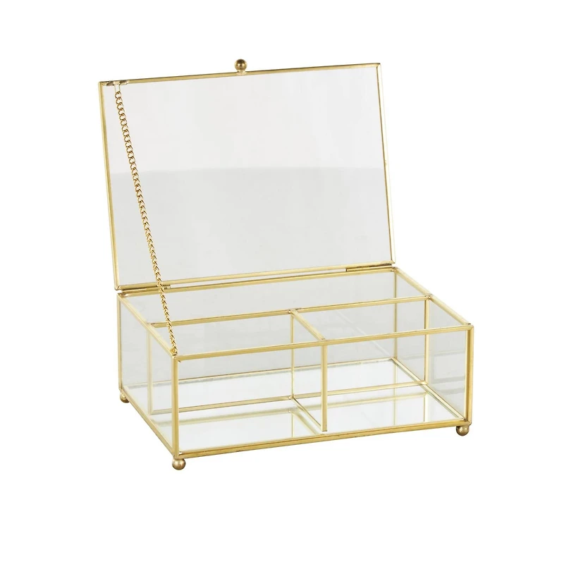 7" x 5" x 3" Clear & Gold 3-Slot Glass & Metal Jewelry Box with Chain Accent