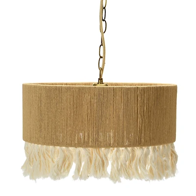 Hello Honey® 16" Brown Coastal Pendant Lamp with Natural Paper Rope Shade, Fringe Detail and Iron Base