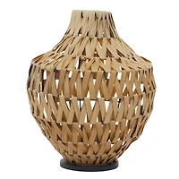 Brown Plastic Rattan Handmade Woven Vase with Black Metal Base 14" x 14" x 17"