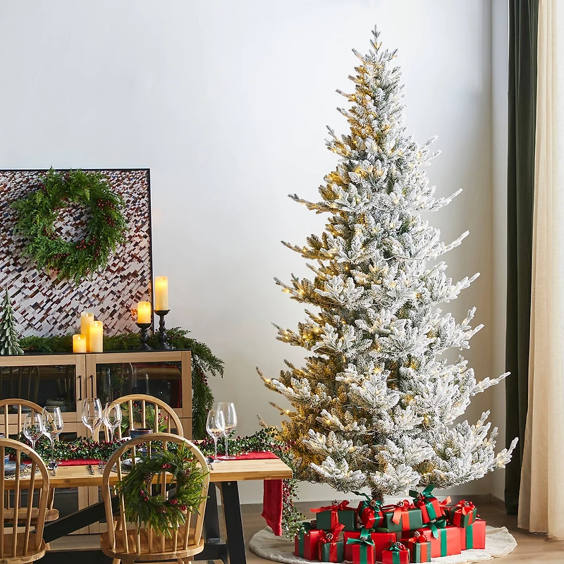 Glitzhome® 9ft Pre-Lit Flocked Upward Slim Fir Artificial Christmas Tree, Warm White LED Lights