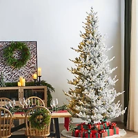 Glitzhome® 9ft Pre-Lit Flocked Upward Slim Fir Artificial Christmas Tree, Warm White LED Lights