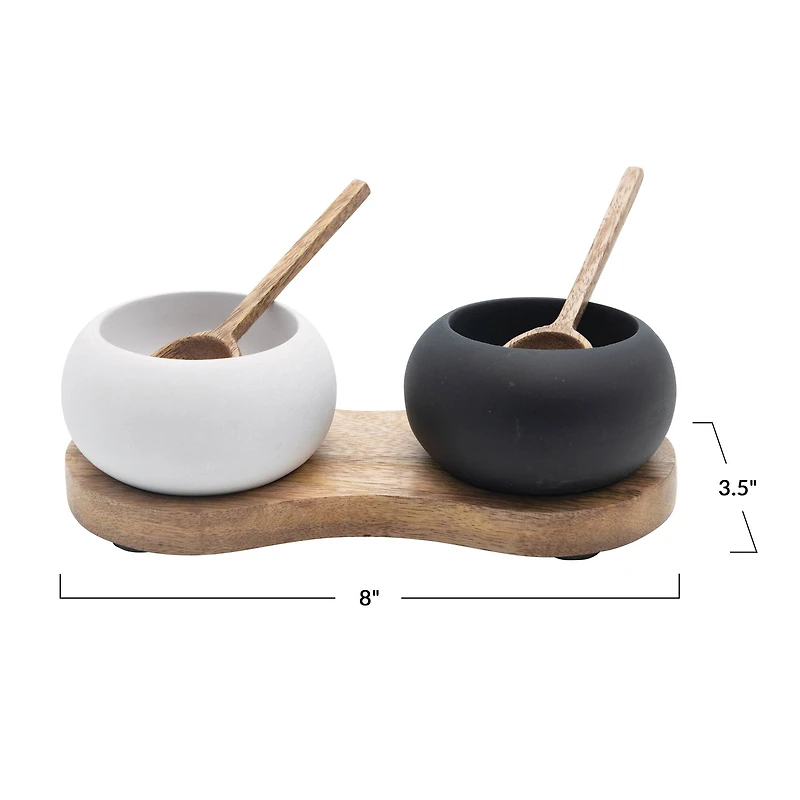 Hello Honey® Black & White Pinch Pot Bowls with Wood Spoons & Mango Wood Tray Set