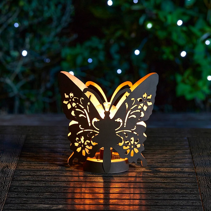 Glitzhome® 9" Metal Flying Butterfly Silhouette Solar Powdered Edison Bulb Outdoor Lanterns, 2ct.