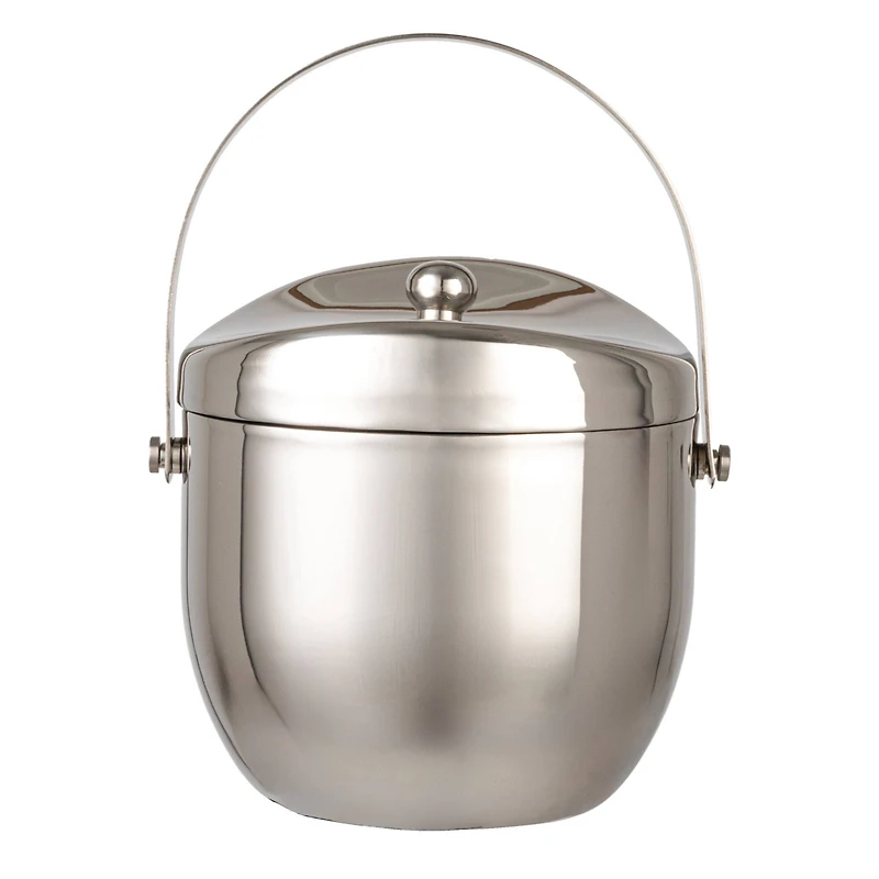 Hello Honey 1-Quart Stainless Steel Double-Wall Ice Bucket with Handle and Curved Lid, Brushed Nickel Finish