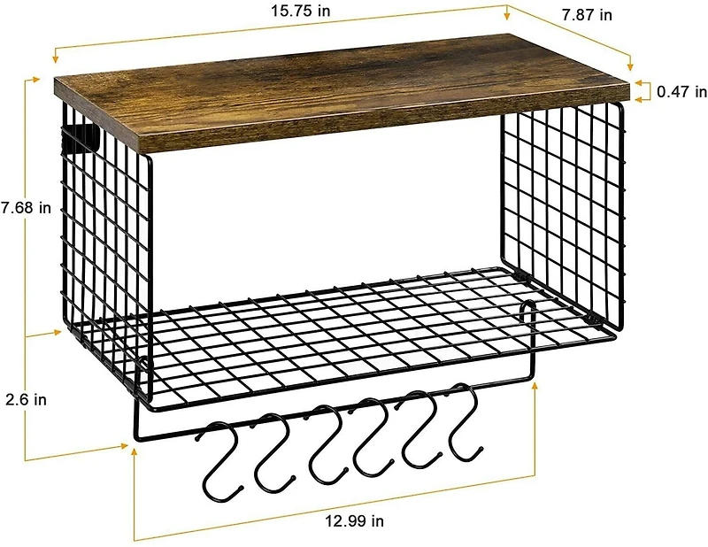 Wood & Metal Wall Mounted Bathroom Towel Rack with 6 Hooks