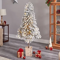 5ft. Pre-Lit Winter Flocked Leaning Artificial Christmas Tree in Decorative Planter, White LED Lights