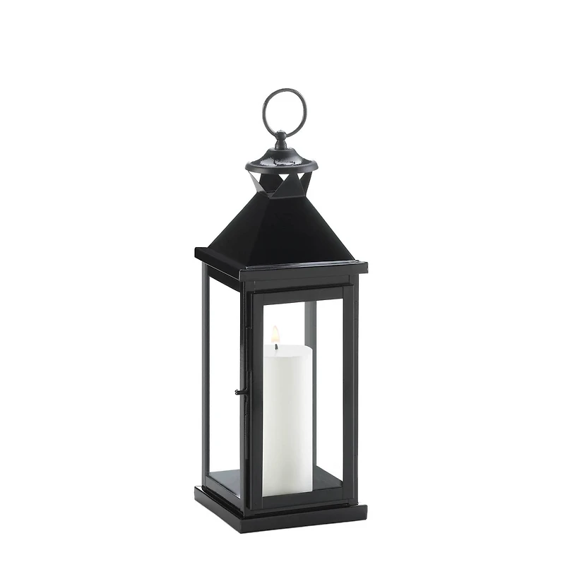 17.5" Glossy Black Iron & Glass Lantern
